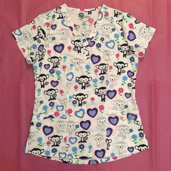 Happy Scrubs Monkeys Hearts Flowers Top Size Small - Picture 1 of 4